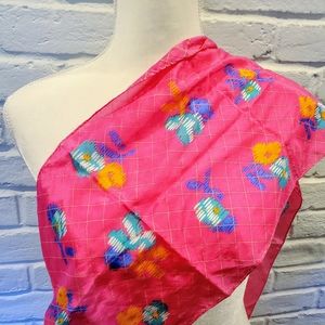 Vintage 80s hot pink & blue silk scarf. 57" long!